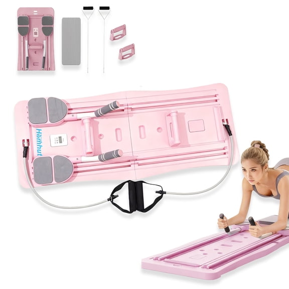 Foldable Pilates Reformer Board, Multifunction Home Gym Workout Board with Resistance Bands, Push Up Handles, Elbow Stands & LCD Counter for Core, Strength & Full-Body Training