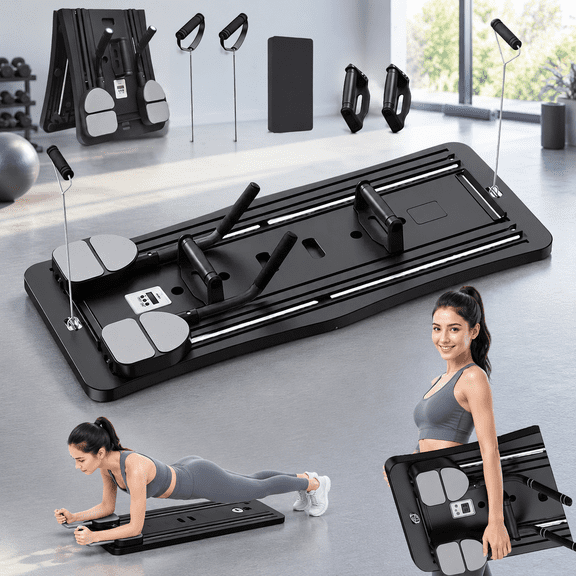 Foldable Pilates Reformer Board, Multifunction Home Gym Workout Board with Resistance Bands, Push Up Handles, Elbow Stands & LCD Counter for Core, Strength & Full-Body Training