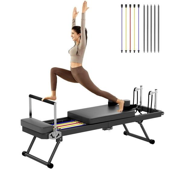 Foldable Pilates Reformer for Home Gym - 400lbs Capacity, 5 Colored Latex Tubes & 11 Resistance Levels, Space-Saving Equipment with UP Leather Surface