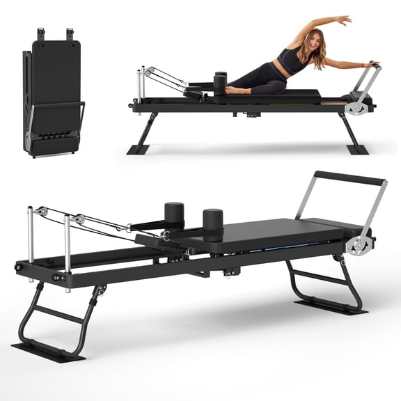 Foldable Pilates Reformer for Home Use – Full Metal Frame Pilates Machine with Multi-Color Adjustable Resistance Bands, Space-Saving Foldable Reformer for Core Strength & Full Body Workout