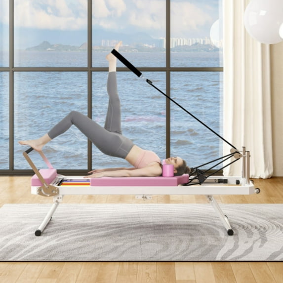 Foldable Pilates Reformer for Home Use, Pilates Equipment With Dual Resistance, 1 Spring Tension And 5 Colored Elastic Bands, Up To 330.5LBS Weight Capacity
