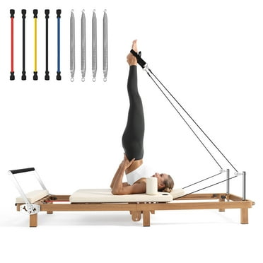 Foldable Pilates Reformer Machine, 90% Pre-Assembled Pro Pilates Equipment，Adjustable Spring + Latex Resistance, 88in Extended Imitation Wood Frame with Jumpboard for Home Gym Women Men Exercise Use