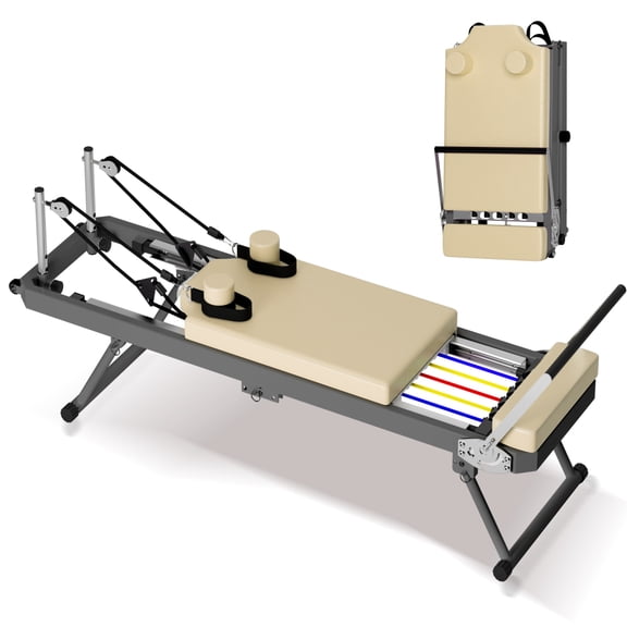 Foldable Pilates Reformer Machine, Beige, with Adjustable Resistance for Home Gym Workouts