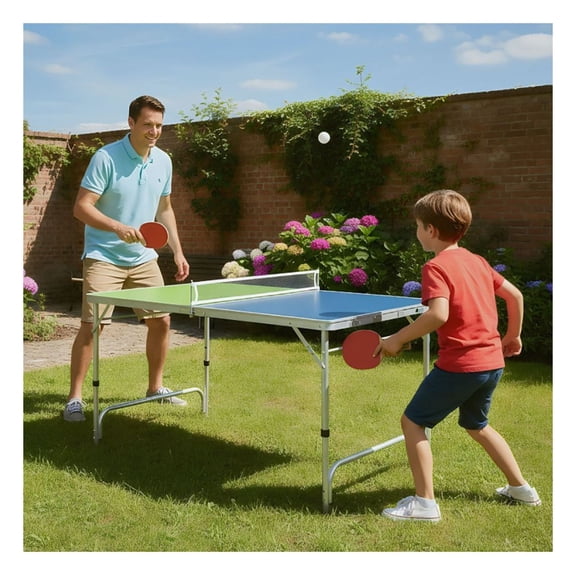 Foldable Ping Pong Table Set Mini Table Tennis Game - Adjustable Height, Compact Storage, Indoor Outdoor - Includes Net, Paddles & Balls