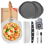 Foldable Pizza Peel Baking Pan Set, AOKIWO 7 Pcs Aluminum Pizza Paddle12x 14 with Wooden Handle, Rocker Cutter and Oven Pan Accessories for Oven Baking