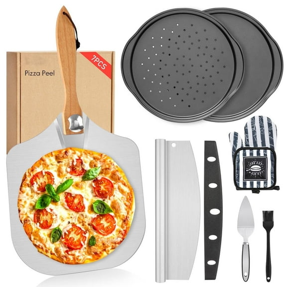 Foldable Pizza Peel Baking Pan Set, AOKIWO 7 Pcs Aluminum Pizza Paddle(12"x 14") with Wooden Handle, Rocker Cutter and Oven Pan Accessories for Oven Baking