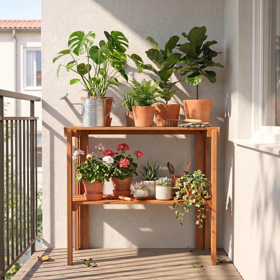 Foldable Plant Shelf 2-Tier Solid Wood Indoor Outdoor Flower Pot Display Rack Corner Storage Bookshelf Freestanding Tiered Stand for Garden  Balcony No Assembly