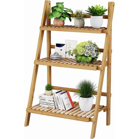 Foldable Plant Shelf Ladder Shelf, 3 Tier Bamboo Ladder Flower Pot Display Shelf, Freestanding Ladder Bookshelf Rack for Garden, Balcony, Yard, Living Room, 23.6" W x 15" D x 39.4" H, Natural