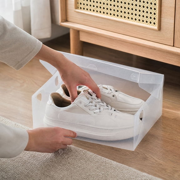 Foldable Plastic Shoe Storage Box, Fold-flat Shoe Container, Clear View of Stored Footwear, Plastic Construction, for Closet Shelf and Entryway, Clear, 11 x 7 x 4 in