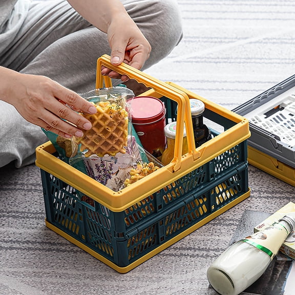 Foldable Plastic Storage Basket, Collapsible Shopping Crate with Ergonomic Handle, Stackable Durable Organizer Bin, Space-Saving Container for Fruits, Vegetables, Picnic, Home, Garage & Car Use
