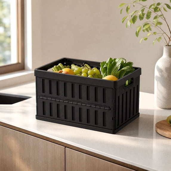 Foldable Plastic Storage Crate, Stackable Collapsible Storage Bin with Handles, Space Saving Portable Organizer Basket for Home, Office, Garage, Pantry and Car Trunk