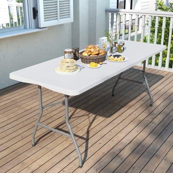 Foldable Plastic Table 6 Foot, Heavy Duty Portable Table with Lock & Handle, White Folding Table for Camping Picnic Party Indoor Outdoor Events
