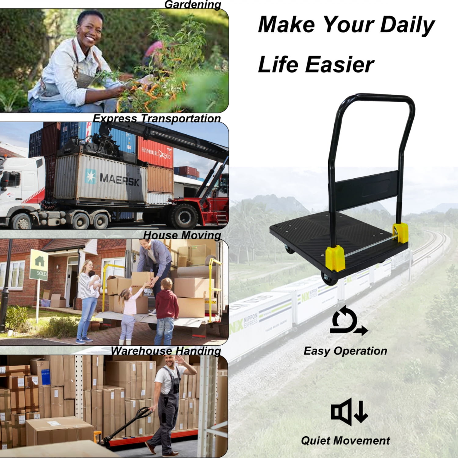 Foldable Platform Push Hand Truck Cart 880 Lbs Weight Capacity 2 Swivel Brake Wheels Black Metal Construction