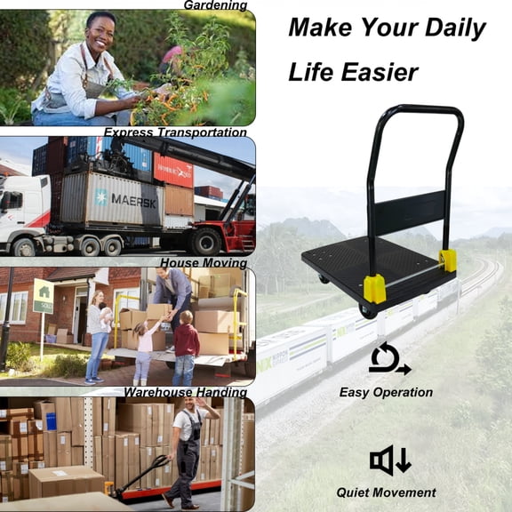 Foldable Platform Push Hand Truck Cart 880 Lbs Weight Capacity 2 Swivel Brake Wheels Black Metal Construction