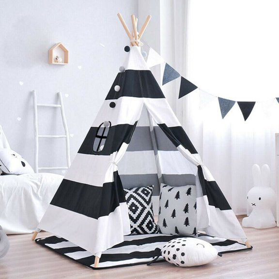 Foldable Play Tent Canvas Kids Teepee Tent Kids Playhouse for Girls, Boys, Children Indoor Outdoor, Black-White Strip