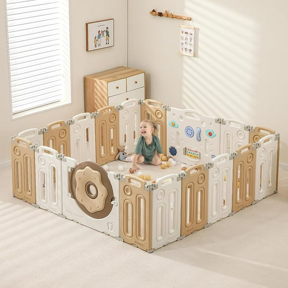Foldable Playpen for Toddlers, Baby Fence with Game Panel and Safety Gate, Adjustable Play Pens, Portable Kids Play Yards for Indoor, 18 Panels