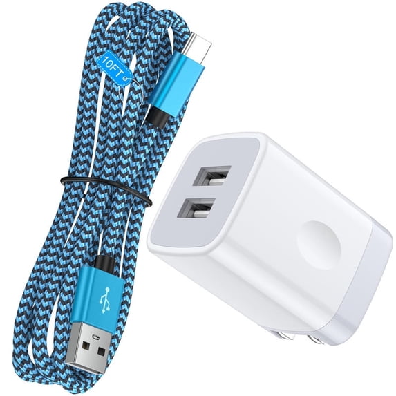Foldable Plug Dual USB Port Wall Charger Block 2.4A with 6FT Type C Cable, Fast Phone Charger Station Compatible with iPhone 17/16/15 Pro Max, iPad Pro, Galaxy S26, Android, Blue