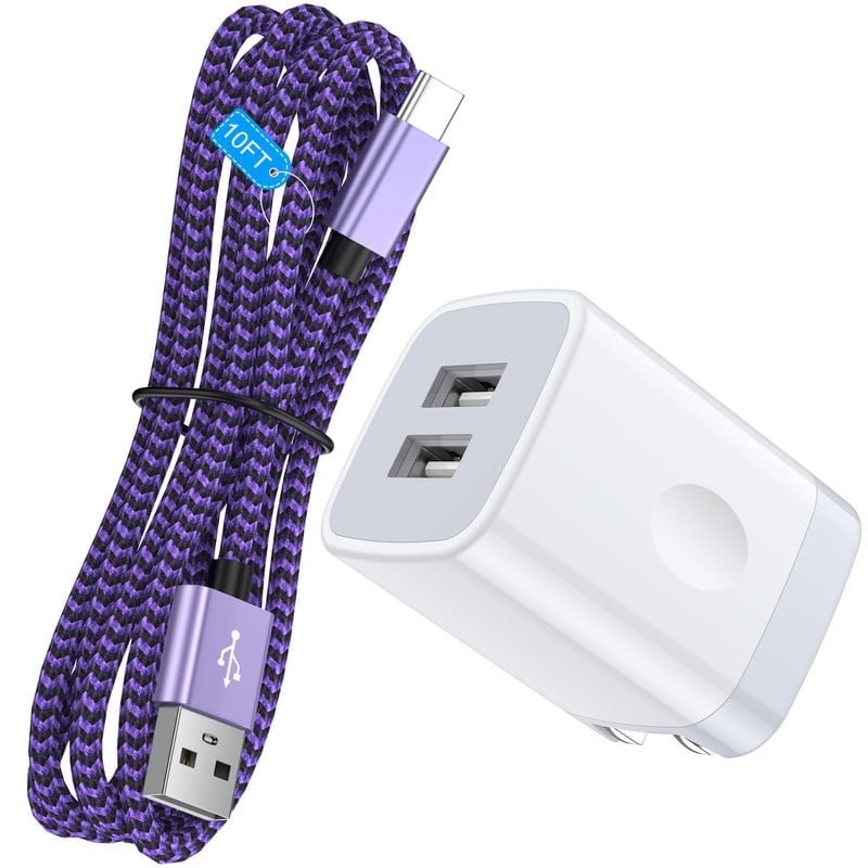 Foldable Plug Dual USB Port Wall Charger Block 2.4A with 6FT Type C Cable, Fast Phone Charger Station Compatible with iPhone 17/16/15 Pro Max, iPad Pro, Galaxy S26, Android, Purple
