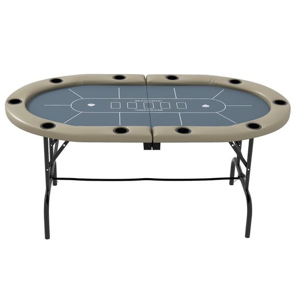 Foldable Poker Table for 10 Players, 70 Inch Oval Texas Holdem Table with Cup Holders, Blue MDF and Steel Game Table