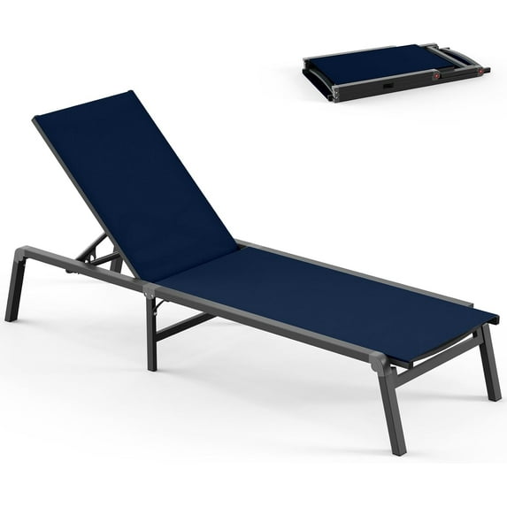 Foldable Pool Lounge Chairs, Aluminum Chaise Lounge Outdoor with 5 Positions Recliner - Free Assembly - Patio Lounge Chair for Poolside, Beach (Navyblue)