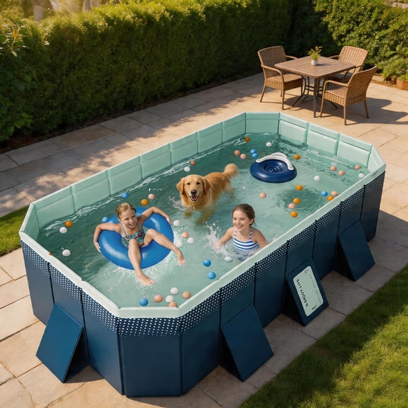 Foldable Pool, Non-Inflatable Kids' and Adults' Outdoor Swimming Pool, Hard Plastic Shell Portable Dog Pool for Backyard and Fun Water Play, 116" L x 65" W x 22" H