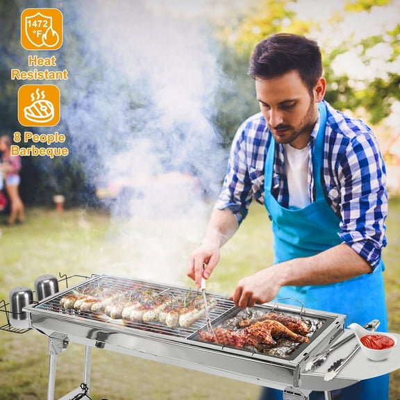 Foldable Portable Charcoal BBQ Grill Stainless Steel Large Grilling Area with Non-Stick Frying Pan for Camping Picnic Backyard