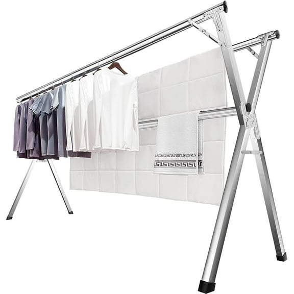 Foldable Portable Clothes Drying Rack, Heavy Duty Stainless Steel Garment Rack with 20 Hooks, 63 Inches, Silver, Freestanding, Collapsible