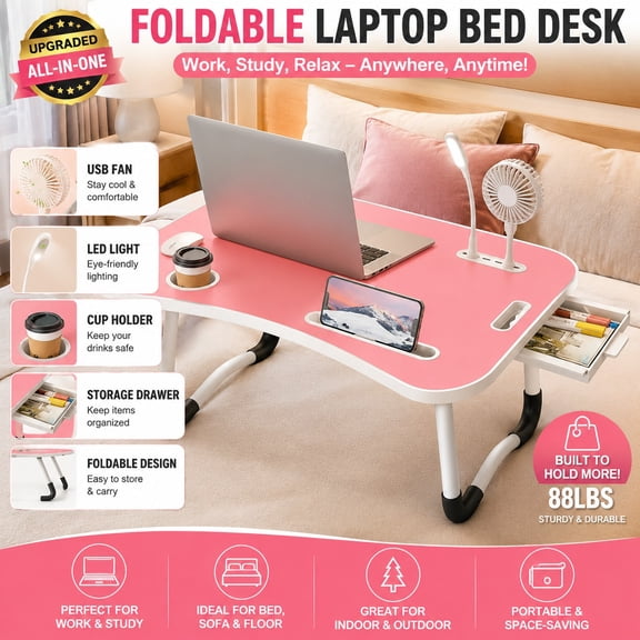 Foldable Portable Curved Laptop Bed Lap Desk with Drawer, Cup Holder and Phone Slot, Sturdy Foldable Leg Multi-Purpose Tray Table for Working Studying Gaming on Sofa Bed Floor