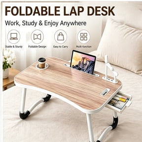 Foldable Portable Curved Laptop Bed Lap Desk with Drawer, Cup Holder and Phone Slot, Sturdy Foldable Leg Multi-Purpose Tray Table for Working Studying Gaming on Sofa Bed Floor
