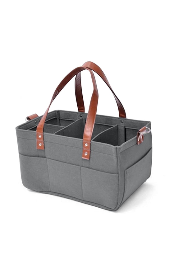 Foldable Portable Diaper Organizer Bag with Removable Compartments - 33x18x15cm Large Capacity, 8 Pockets, Gray with Brown Leather Handle - Multi-Purpose for Nursery, Travel & Breast Pump Storage