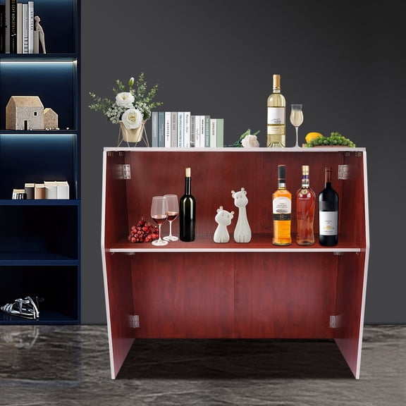 Foldable Portable Event Bar, Foldable Bar Table with Top and Middle Shelves, 42" Tall Commercial Mobile Laminate Bar, Wine Bar Storage Cabinet for Home Kitchen Party (Brown)
