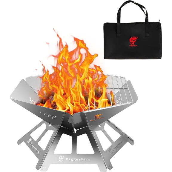 Foldable Portable Fire Pit, Stainless Steel Fire Pits with Charcoal Grill Net and Storage Bag, Camping Fire Pit Grill for Patio Outdoor Barbecue Campfire Bonfire (Large)