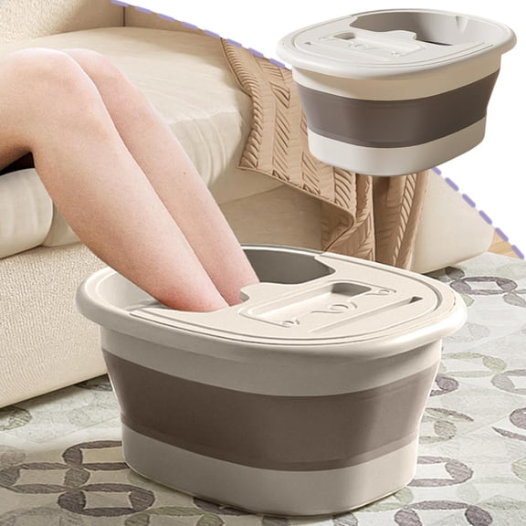 Foldable Portable Foot Bath Basin with Insulated Lid, Ergonomic Massage Nubs, Built-In Device Stand, Space-Saving Design, Durable Food-Grade Plastic for Home Spa and Travel Gray