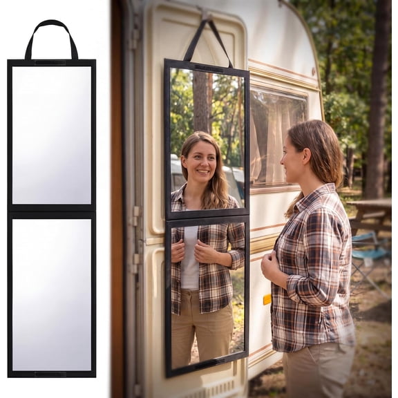 Foldable Portable Full-Length Mirror for Dance Camping Travel  Black, 47.2 Inches x 13.4 Inches, with Handle, 2-Piece Acrylic and Felt Design
