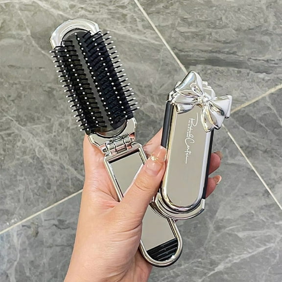 Foldable Travel Hair Brush with Mirror | Compact Pocket Hairbrush for Styling & Detangling | Silver Plastic | Portable Mini Design | 11.7x4x3cm | For Purse & Toiletry Bag