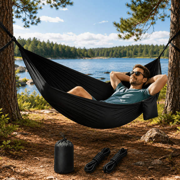 Foldable Portable Hammock Camping Hanging Hammock with Adjustable Rope Breathable Fabric Swing for Travel Hiking Outoor Garden Patio Beach Yard