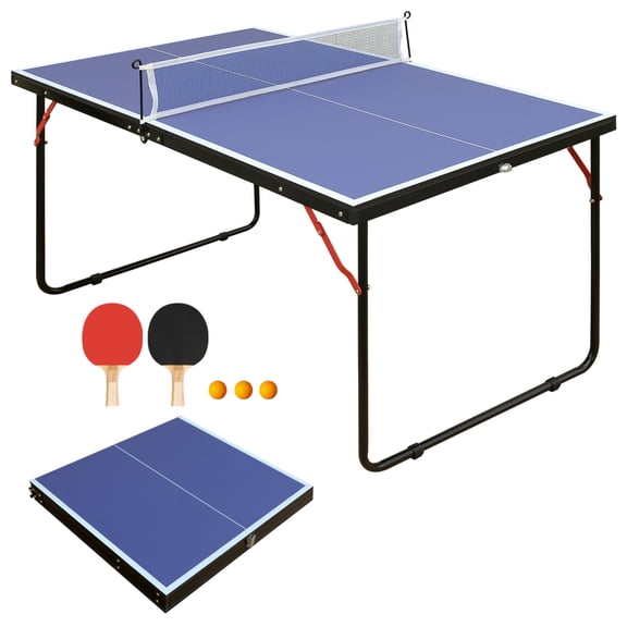 Foldable Portable MDF Ping Pong Table Pre Assembled with Full Accessories Floor Protection Suction Cups Space Saving(Blue)