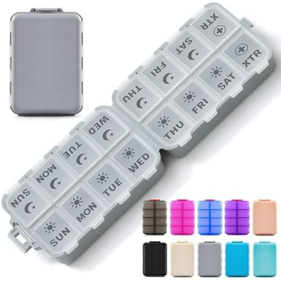 Foldable & Portable Pill Organizer 2 Times A Day with Extra Compartments - Etched Labels - Weekly 7 Day AM PM Medicine Box, Week Daily Travel Pill Case Holder Dispenser for Vitamin, Supplement - Grey