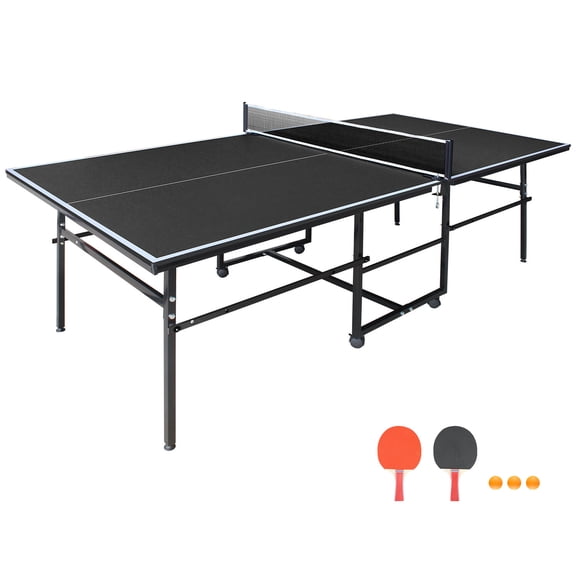 Foldable Portable Ping Pong Table Set for Indoor Games, 8.5x4.3ft Mid-Size Table Tennis Table with Net, 2 Paddles, 3 Balls, Black MDF