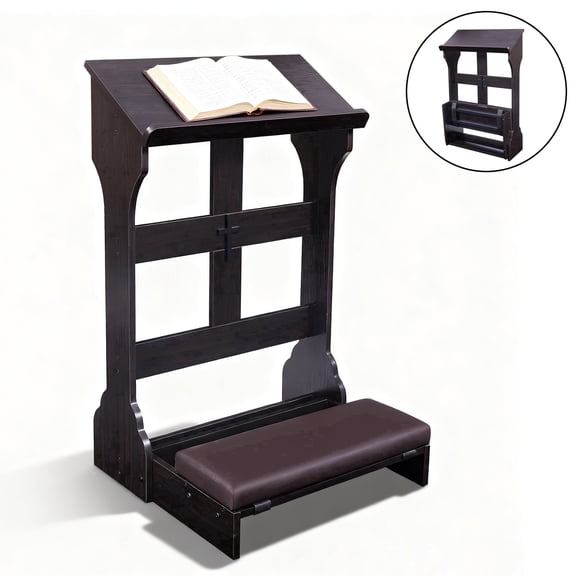 Haooyeah Wooden Prayer Table Foldable Kneeler Bench 2.4" Thick Cushion Reinforced Steel Decorative Cross Rounded Book Stop Space-Saving Home Church