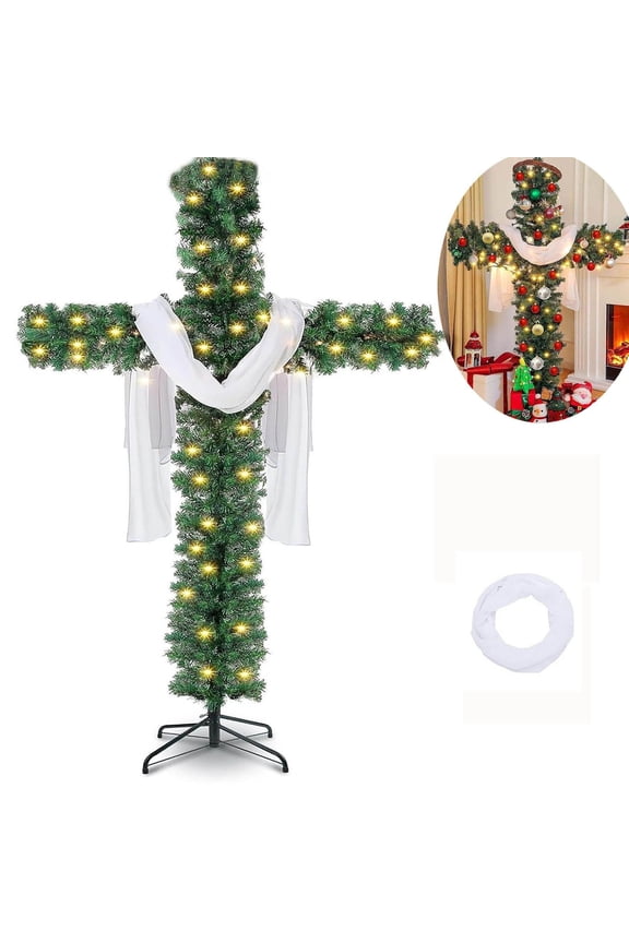 Foldable Pre-Lit Artificial Christmas Tree - Outdoor Staked Twinkling LED Light Tree with Silk Scarf & Wood Rattan Ring - 150cm or 180cm