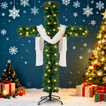 Foldable Pre-Lit Christmas Tree - Dense Detachable Design with LED Lights, Silk Scarf & Wooden Wreath, Outdoor Staked Decor, Easy to Assemble/Store, Enhances Festive Glow, Green, 71.1in/180cm