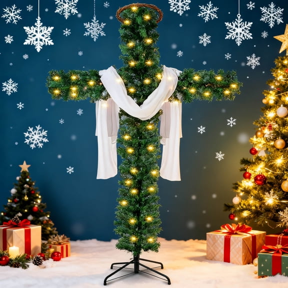 Foldable Pre-Lit Christmas Tree - Dense Detachable Design with LED Lights, Silk Scarf & Wooden Wreath, Outdoor Staked Decor, Easy to Assemble/Store, Enhances Festive Glow, Green, 71.1in/180cm