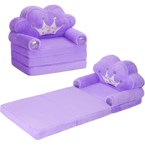 Foldable Princess Kids Couch, Plush Toddler Recliner Chair - Purple