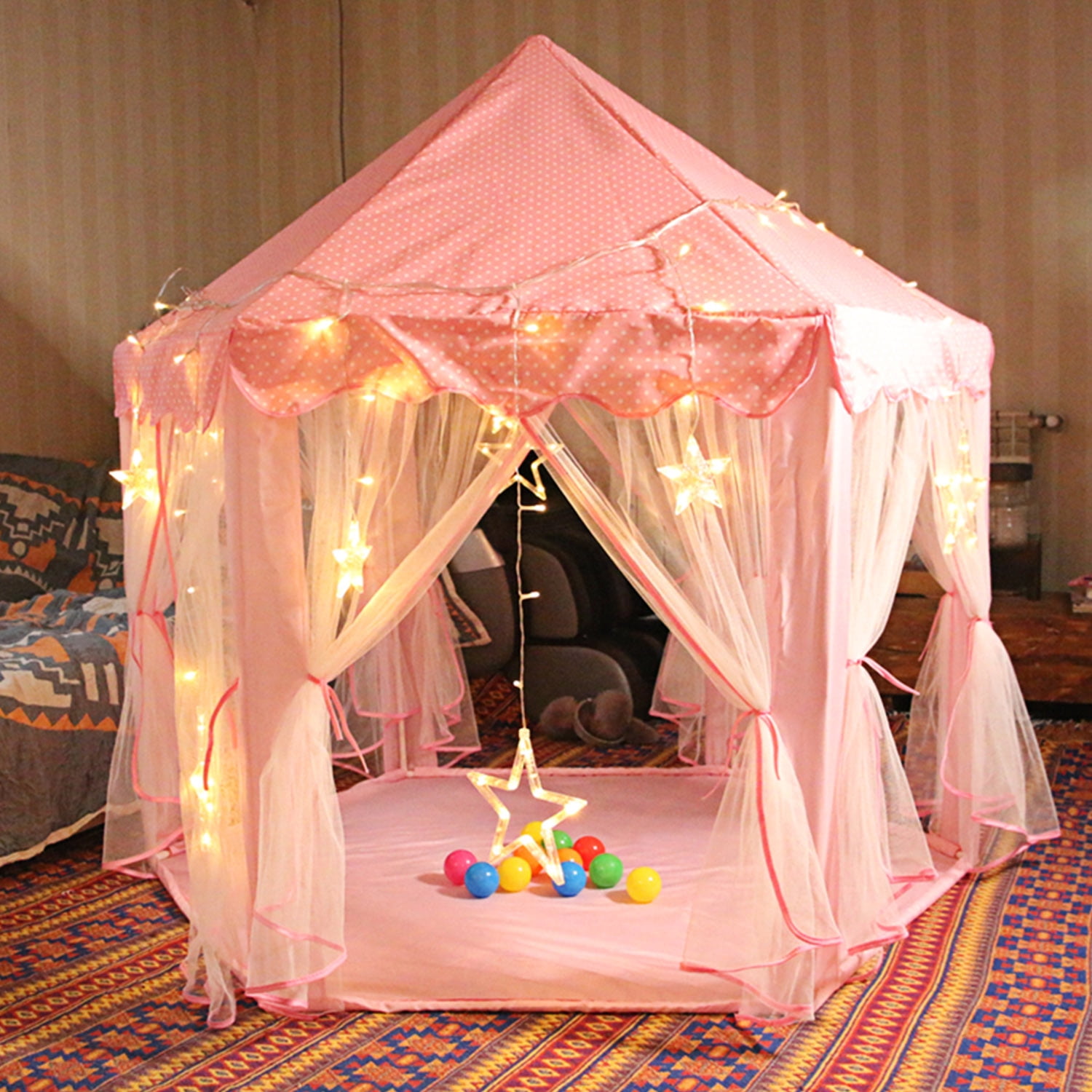 Foldable Princess Play Castle Tent for Girls, Large Space Playhouse with Breathable Mesh Doors, Stable Structure Indoor Outdoor Play Tent, Ideal Gift for Toddler Girls Play & Relax