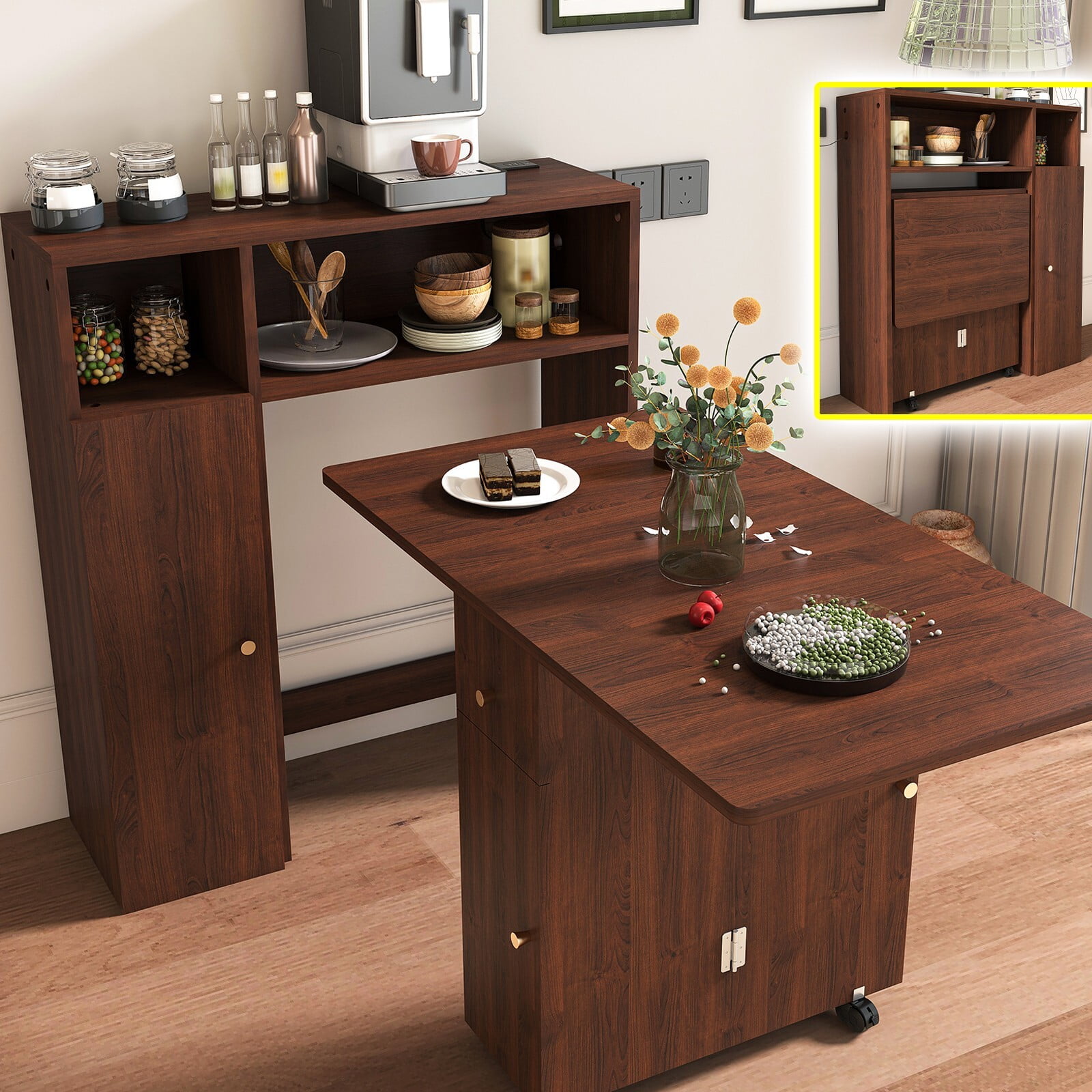 Foldable Pull-out Dining Table W/Wall-Mounted Sideboard,Drawers,Charging Station - Walmart.com