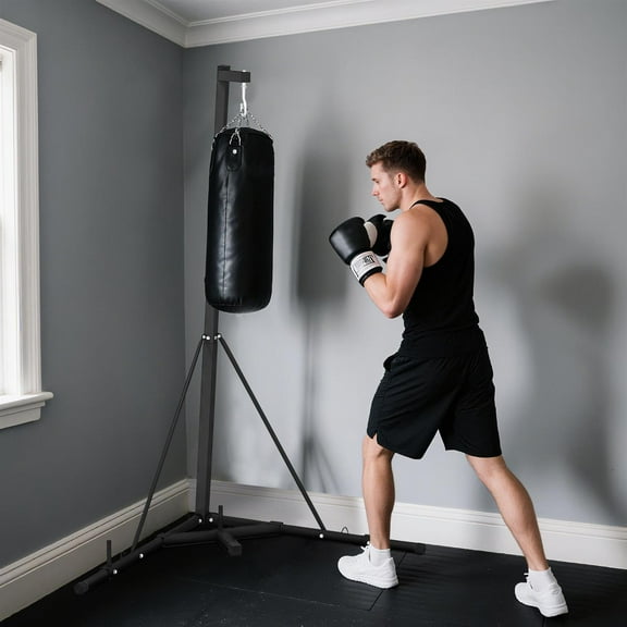 Demi Bonn Foldable punching bag stand, height adjustable heavy-duty punching bag stand with counterweight base, stable, can be placed independently in home gym, stand only Black