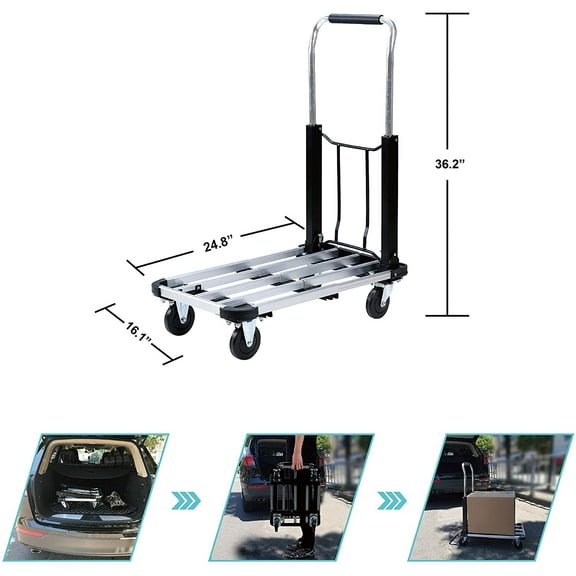 Foldable Push Cart - Aluminum Alloy Platform Cart with 4-Wheel, Adjustable Length, 330-LB Capacity (with 2 Ropes)