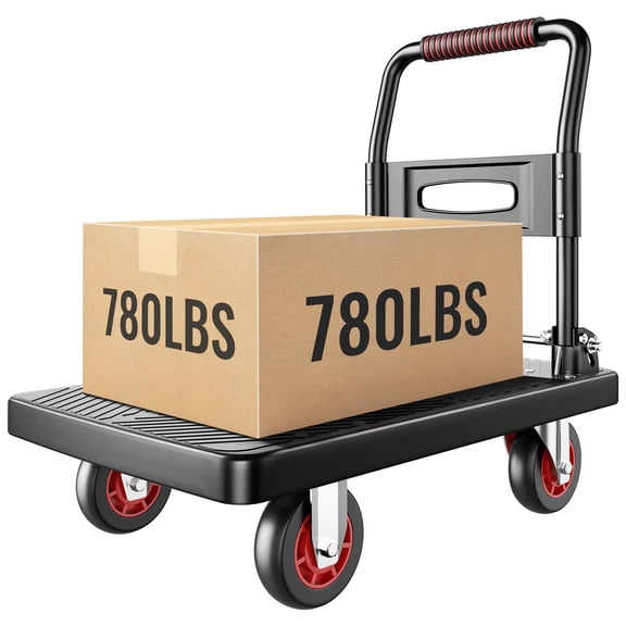 Foldable Push Cart, Foldable for Easy Storage and 360 Degree Swivel Wheels with 780lbs Weight Capacity,Push Hand Cart for Loading and Storage,Black Color(Red Wheel)