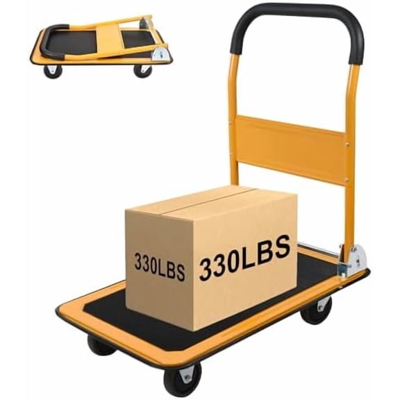 Foldable Push Cart Platform Cart 330lbs Capacity 4 Wheels 28.7x18.5x32.3inches Yellow Small Flatbed Cart